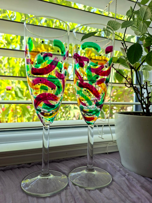 "A Stroke Of Confetti" Champagne Flute Pair.